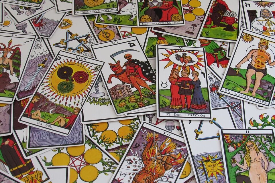 Major and Minor Arcana tarot cards laid in a spread